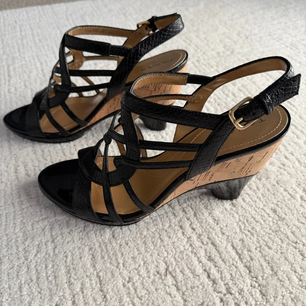 Tahari Petunia Black Snake Embossed Leather Cork Wedge Sandals Women 8.5 Strappy